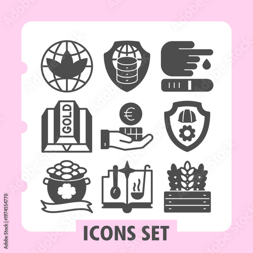 Leaves globe, golden bars, cauldron icons, collection illustrating concepts such as finance, environment, health and agriculture. Set of nine glyph icons on white background.