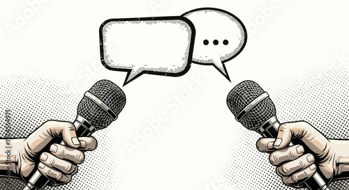 Two hands holding microphones with speech bubbles.