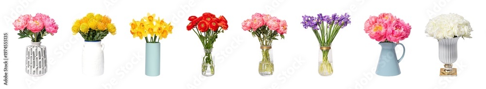 Obraz premium Colorful floral arrangements in vases element set isolated on white
