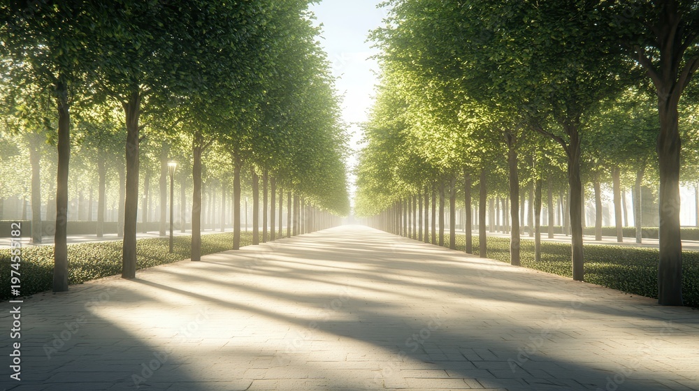 Fototapeta premium Serene Urban Park Avenue Lined with Lush Trees and Sunlight Creating a Peaceful Pathway