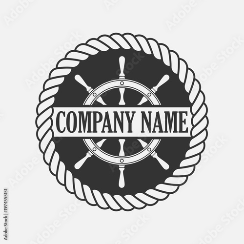 Company graphic emblem template. Logo design pattern with a ship wheel and rope. Badge isolated on white background. Vector illustration