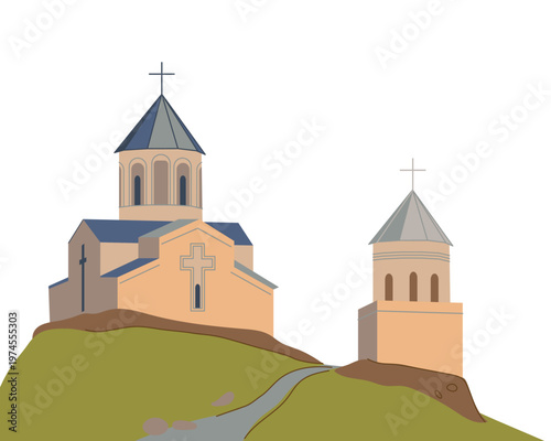 Holy Trinity Church in Gergeti, Stepantsminda, Georgia. Flat style vector illustration. The ancient temple sits on a grassy hill.