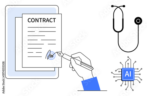 Digital contracts, AI integration, healthcare innovation, electronic signatures, remote solutions, medical technology. A hand signing a document, stethoscope and AI chip. Digital contracts and AI
