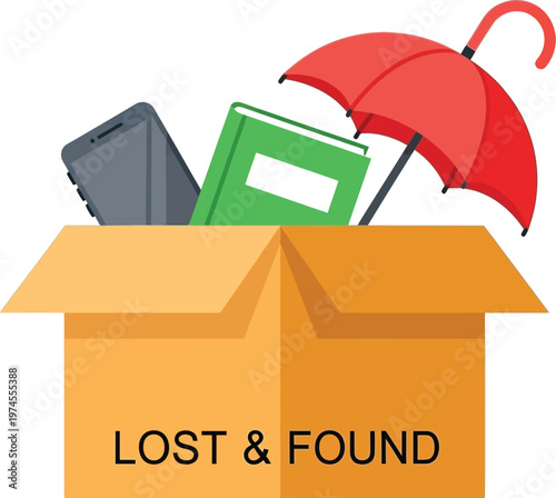 Cardboard box filled with a smartphone, book, and umbrella represents lost and found items in a storage or collection facility.