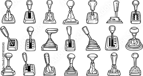 Automotive Gear Shifters and Shift Knobs Black and White Line Art Collection of Car Transmission Levers and Dials for Vehicle Parts and Driving Concepts