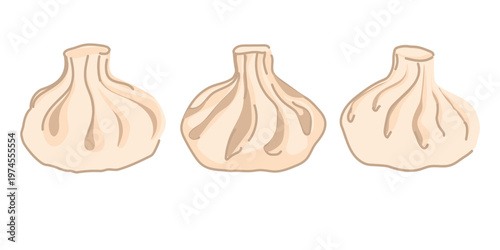 Three khinkali on a white background. A national dish of Georgia and the Caucasus. Vector illustration in a flat style. Specially rolled dough with filling.