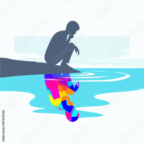 Silhouette of a person contemplating their colorful, abstract reflection in calm water, symbolizing inner self and creativity.