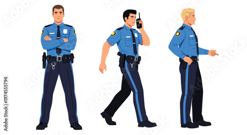 Collection set vector flat style of 3 police officers in different poses wearing uniform, law enforcement characters isolated on clean background for security and public safety concepts