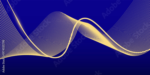 Abstract luxury blue gradient with shining gold flowing lines. Modern luxury line wave pattern background suitable for banner, poster, award, brochure, cover, flayer.