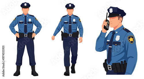 Collection set vector flat style of 3 police officers in different poses wearing uniform, law enforcement characters isolated on clean background for security and public safety concepts