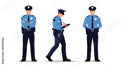 Collection set vector flat style of 3 police officers in different poses wearing uniform, law enforcement characters isolated on clean background for security and public safety concepts