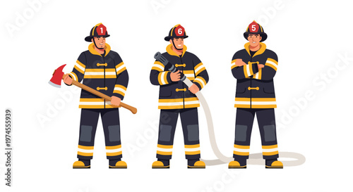 Collection set vector flat style of 3 firefighters in protective gear and helmet, emergency response characters isolated on clean background for rescue, safety, and fire service concepts