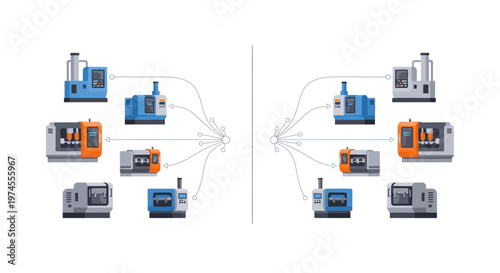 Diagram illustrating multiple industrial machines connected to a central control point, showcasing manufacturing automation and data flow.