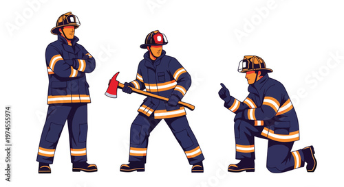 Collection set vector flat style of 3 firefighters in protective gear and helmet, emergency response characters isolated on clean background for rescue, safety, and fire service concepts