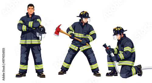 Collection set vector flat style of 3 firefighters in protective gear and helmet, emergency response characters isolated on clean background for rescue, safety, and fire service concepts