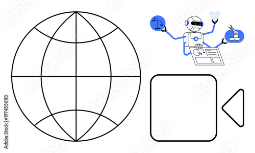 Artificial intelligence, global communication, data analysis, scientific innovation, robotics, technology. A robot multitasking with a globe, microscope and tech interface. Artificial intelligence