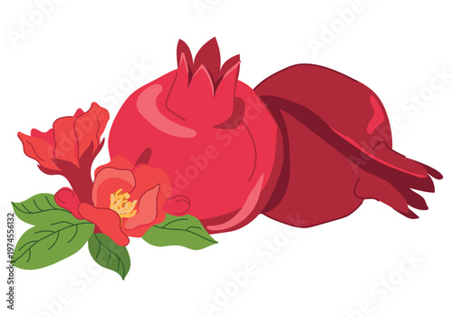 Whole pomegranates and flowers in flat style. Vector illustration of a juicy red fruit. Clipart for juice. Flavoring agent in perfumes and cosmetics. Fresh Georgian fruit lying on a table.