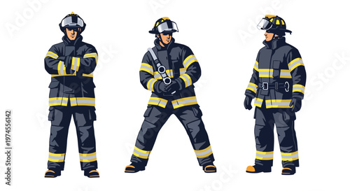 Collection set vector flat style of 3 firefighters in protective gear and helmet, emergency response characters isolated on clean background for rescue, safety, and fire service concepts