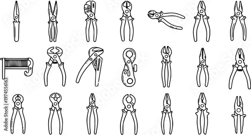 Construction and DIY Hand Tools: Black and White Line Art Vector Set of Pliers, Cutters, and Nippers Outline Icons for Industry and Repair