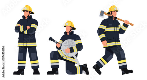 Collection set vector flat style of 3 firefighters in protective gear and helmet, emergency response characters isolated on clean background for rescue, safety, and fire service concepts