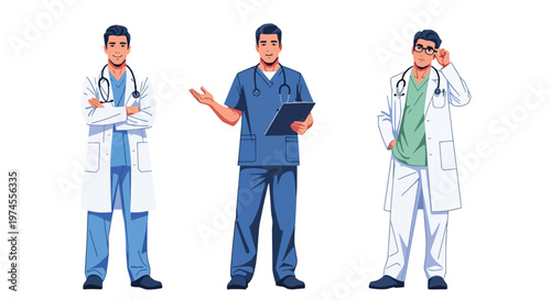 Collection set vector flat style of 3 medical professionals including doctor, healthcare workers isolated on clean background for hospital and medical service concepts