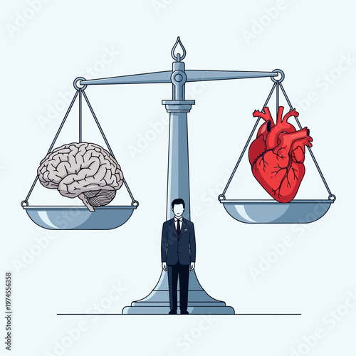 Man stands between brain and heart on scales