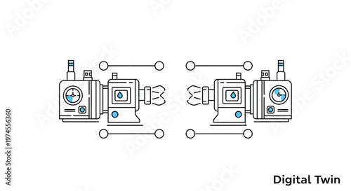 Digital twin concept illustration showing two identical industrial machines with gauges and connections, representing a physical asset and its virtual counterpart.