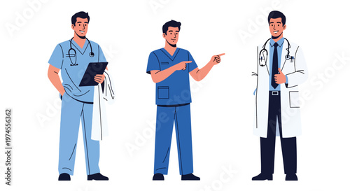 Collection set vector flat style of 3 medical professionals including doctor, healthcare workers isolated on clean background for hospital and medical service concepts