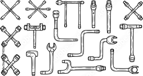 Automotive Wrenches Set in Hand-drawn Black and White Sketch Style. Collection of Mechanic Tools like Lug Wrenches, Socket Wrenches, and T-Handles for Vehicle Repair.