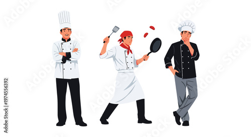 Collection set vector flat style of 3 professional chefs wearing uniform and hat, isolated on clean background for restaurant, culinary, and kitchen service concepts