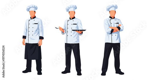 Collection set vector flat style of 3 professional chefs wearing uniform and hat, isolated on clean background for restaurant, culinary, and kitchen service concepts