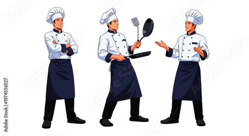 Collection set vector flat style of 3 professional chefs wearing uniform and hat, isolated on clean background for restaurant, culinary, and kitchen service concepts