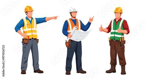 Collection set vector flat style of 3 construction workers wearing helmet and safety vest, builder characters with tools isolated on clean background for engineering, labor, and construction industry 