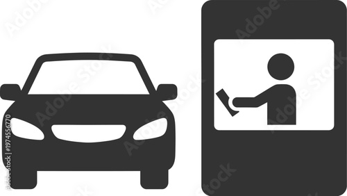A stylized car is shown next to a kiosk with a person interacting, representing a drive-through service or transaction.