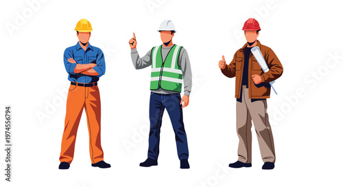 Collection set vector flat style of 3 construction workers wearing helmet and safety vest, builder characters with tools isolated on clean background for engineering, labor, and construction industry 