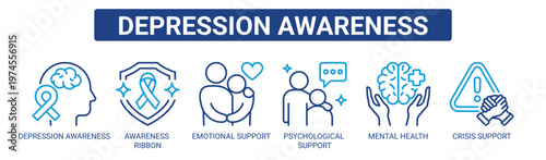 Depression Awareness web banner icon vector illustration concept with icons of depression awareness, awareness ribbon, emotional support, psychological support, mental health, and crisis support.