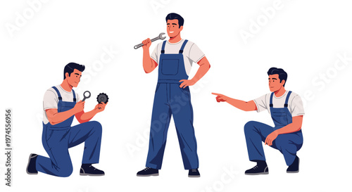 Collection set vector flat style of 3 auto mechanics repairing vehicle and holding tools, technician characters in workshop isolated on clean background for automotive service and maintenance concepts