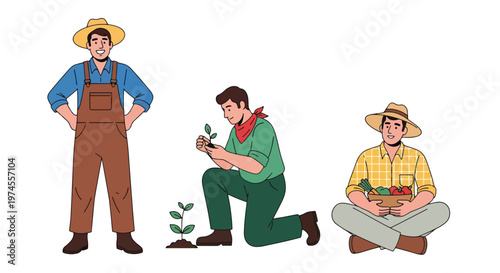 Collection set vector flat style of 3 farmers, agriculture workers isolated on clean background for rural and farming concepts