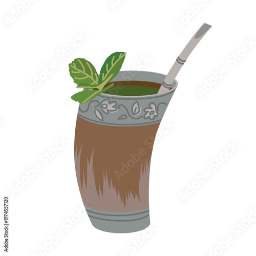 A traditional guampa is a vessel carved from a bull's horn. In Paraguay, it is used for terere . A handmade glass for the cold version of mate in Latin America. Vector illustration in a flat style.