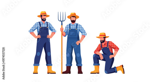 Collection set vector flat style of 3 farmers, agriculture workers isolated on clean background for rural and farming concepts