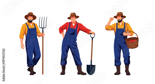 Collection set vector flat style of 3 farmers, agriculture workers isolated on clean background for rural and farming concepts