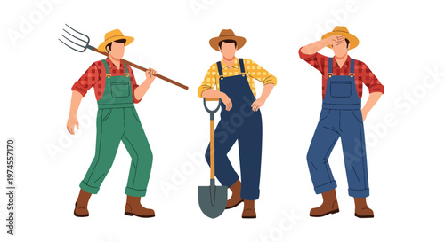 Collection set vector flat style of 3 farmers, agriculture workers isolated on clean background for rural and farming concepts