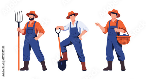 Collection set vector flat style of 3 farmers, agriculture workers isolated on clean background for rural and farming concepts