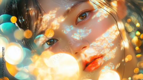 Close-up portrait of a woman, sunlit face with bokeh