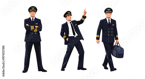 Collection set vector flat style of 3 airline pilots wearing uniform, aviation professionals isolated on clean background for flight, travel, and transportation concepts