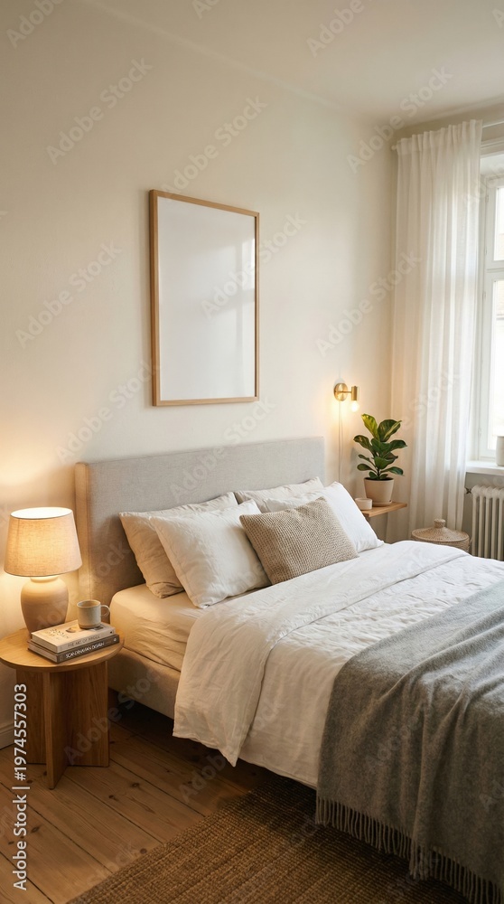 Fototapeta premium Blank poster frame mockup in cozy bedroom interior with soft natural light. Concept of home decor styling, calm lifestyle branding, minimal interior design presentation with relaxed mood.