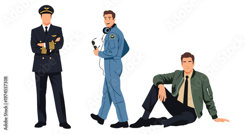 Collection set vector flat style of 3 airline pilots wearing uniform, aviation professionals isolated on clean background for flight, travel, and transportation concepts