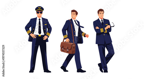 Collection set vector flat style of 3 airline pilots wearing uniform, aviation professionals isolated on clean background for flight, travel, and transportation concepts