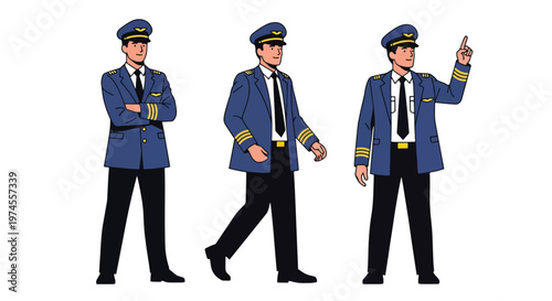 Collection set vector flat style of 3 airline pilots wearing uniform, aviation professionals isolated on clean background for flight, travel, and transportation concepts