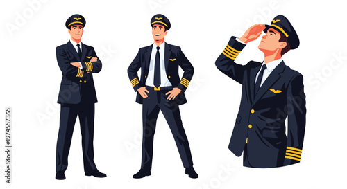 Collection set vector flat style of 3 airline pilots wearing uniform, aviation professionals isolated on clean background for flight, travel, and transportation concepts